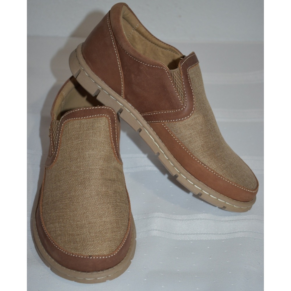 Born Sawyer Textile Tan Leather Slip On Loafers Kids Boys Size 4 PM-701-S